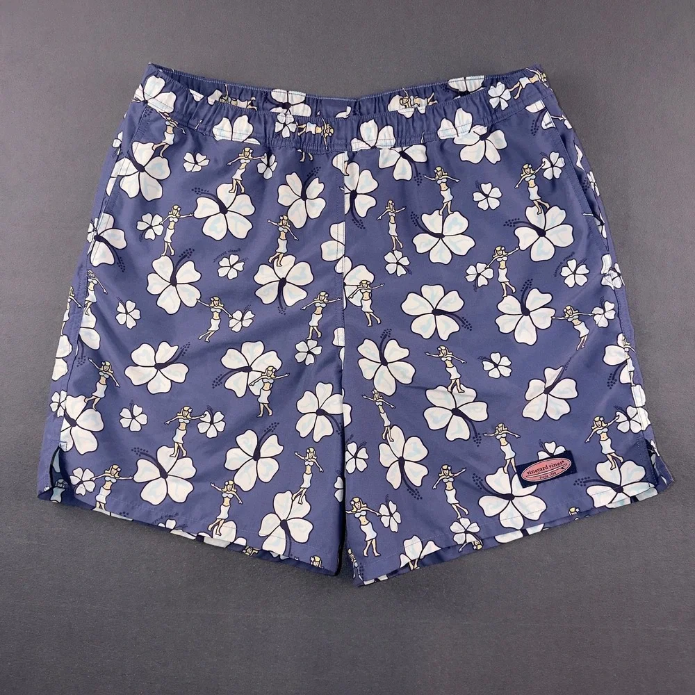 Vineyard‎ Vines Mens Blue Hula Girl Hibiscus Floral Swim Trunks Size Large